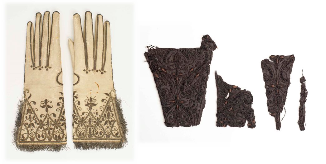 (left) A pair of silk gloves reportedly presented by Charles I to Bishop Juxon; and fragments of a black cloak said to have been worn by the king. (ID no.: 33.261a-b, Courtesy of the lender; 29.160c) 