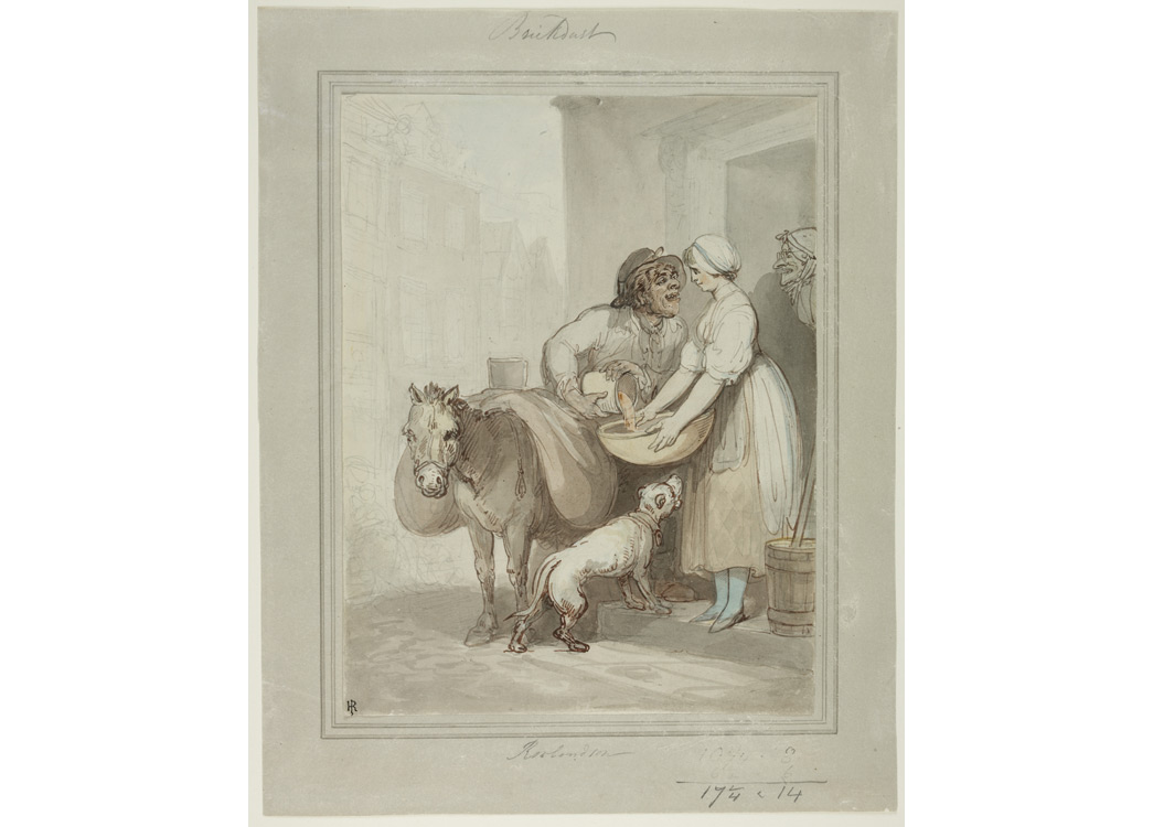  street vendor is shown selling brick-dust but his attention is primarily focused on the pretty young maid on the doorstep. An elderly woman from within the house seems about to come to the rescue. The donkey seen on the left transported the dust from house to house, as was the custom. 