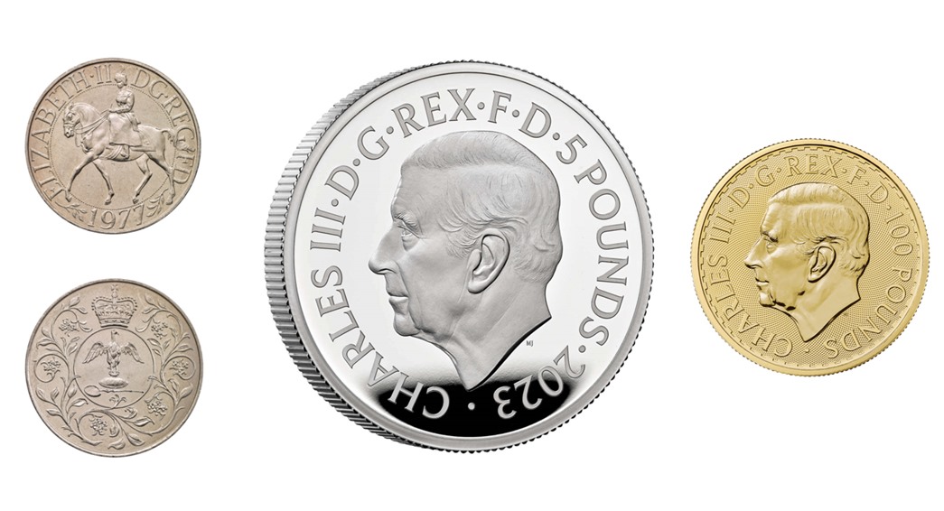 In the centre and right are the 2023 commemorative coin for King Charles III, and on the left is the first commemorative coin for Queen Elizabeth, marking 25 years of her reign in 1977. (Courtesy: Royal Mint)