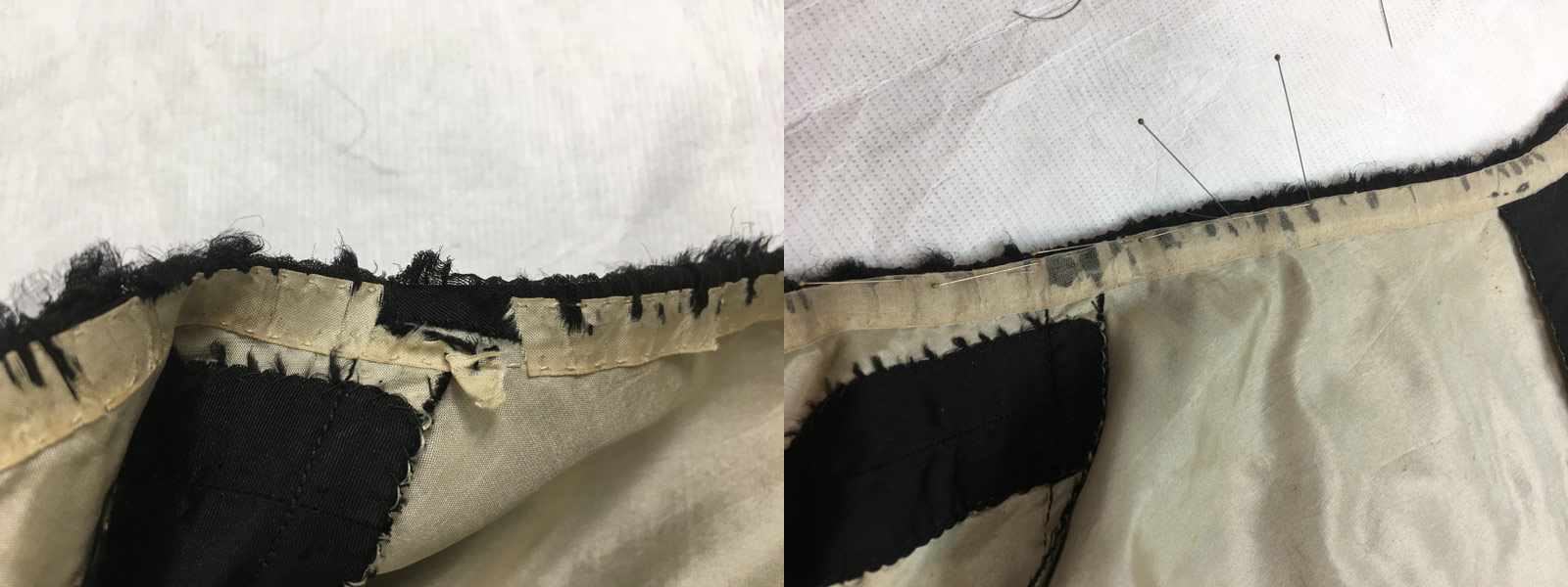 The hem of Queen Victoria's mourning dress before and after restoration.