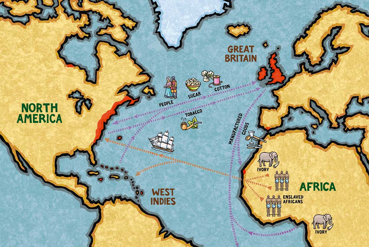 These trade routes show how goods such as cotton, sugar and tobacco were moved across the Atlantic during the 17th, 18th, and early 19th centuries, as well as colonists and enslaved Africans.