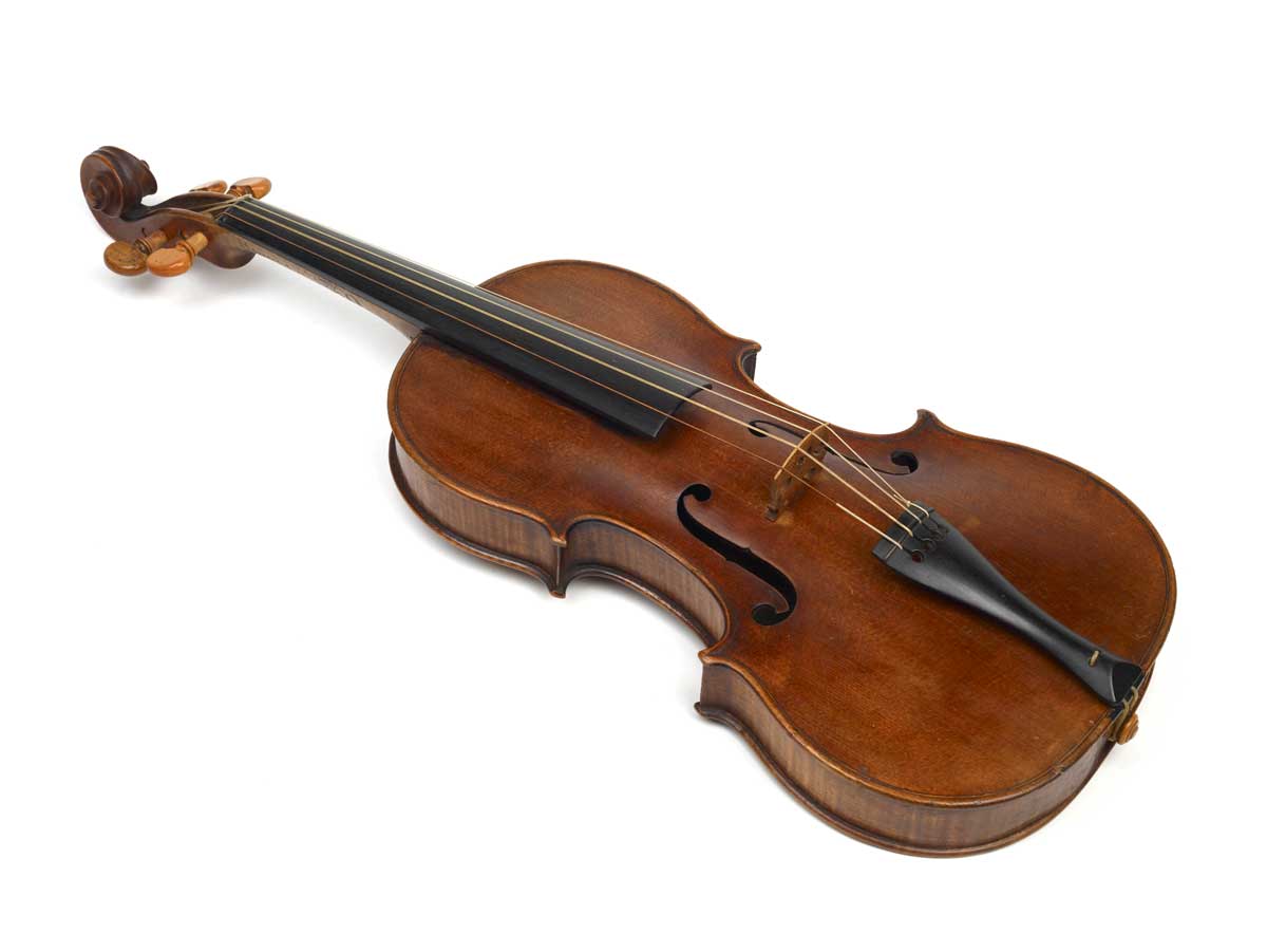A violin made by Duke of London in a case made by Hart and Son, London. The handle is inscribed 'Jeremy Bentham', the original owner of the violin.