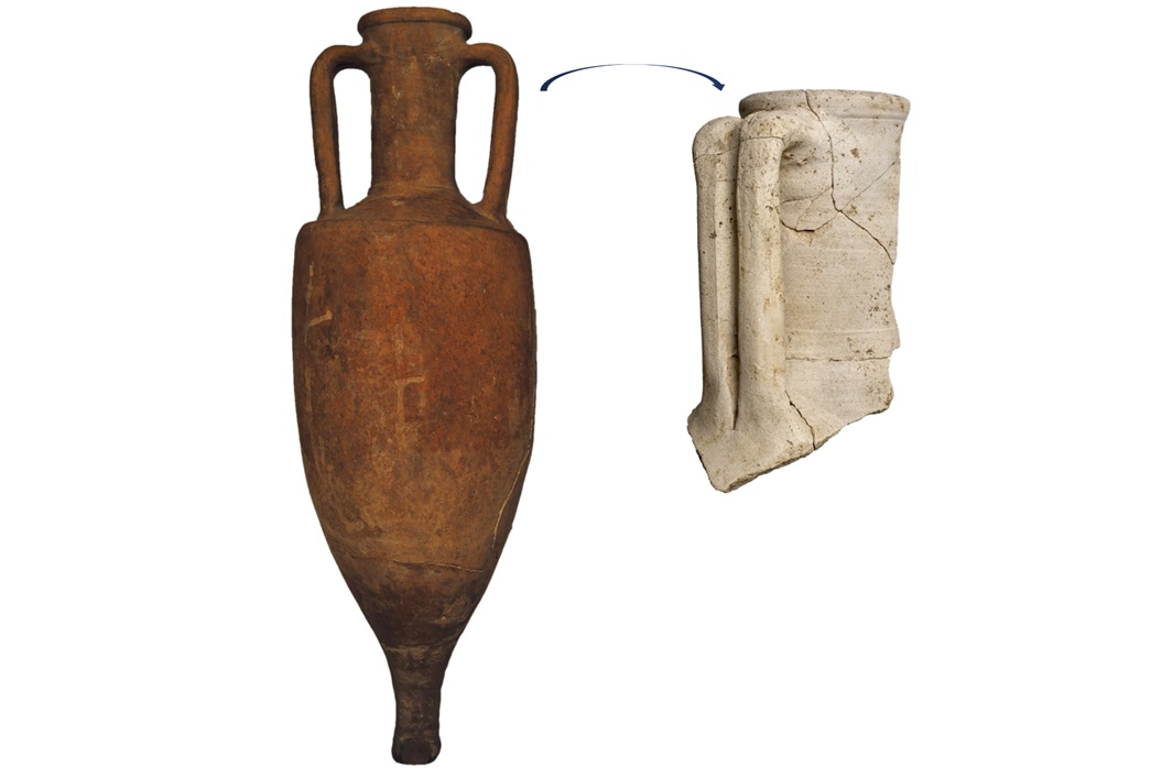 Neck and handle (right) of a large ceramic container (amphora), like the one on the left (© The Trustees of the British Museum). These large vessels were used to transport wine from the Mediterranean. The right amphora sherd, unusually, was made near London and suggests that wine was produced in the area. (ID no: BH37[BH75 HE/1])