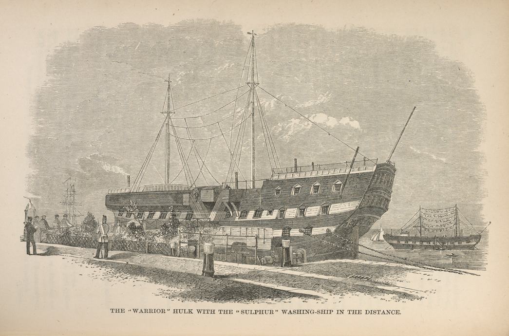 From a book on criminal prisons of London by Henry Mayhew & John Binny 1862. Mayhew recounts 15 convicts aboard the Sulphur, with three washermen, one blacksmith and two stocking-menders. (ID no.: LIB10086(42)) 