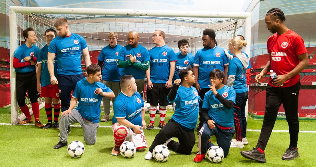 The participants have weekly training sessions with coaches. North London United is a football project for young people born with Down syndrome. 