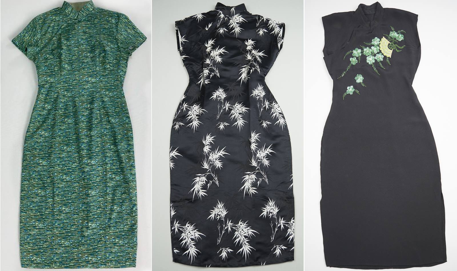 Three of the four cheongsams donated to the museum. The green one (extreme left) is a day cheongsam, while the two black ones (one with a floral pattern and the other beaded) are for evening-wear.