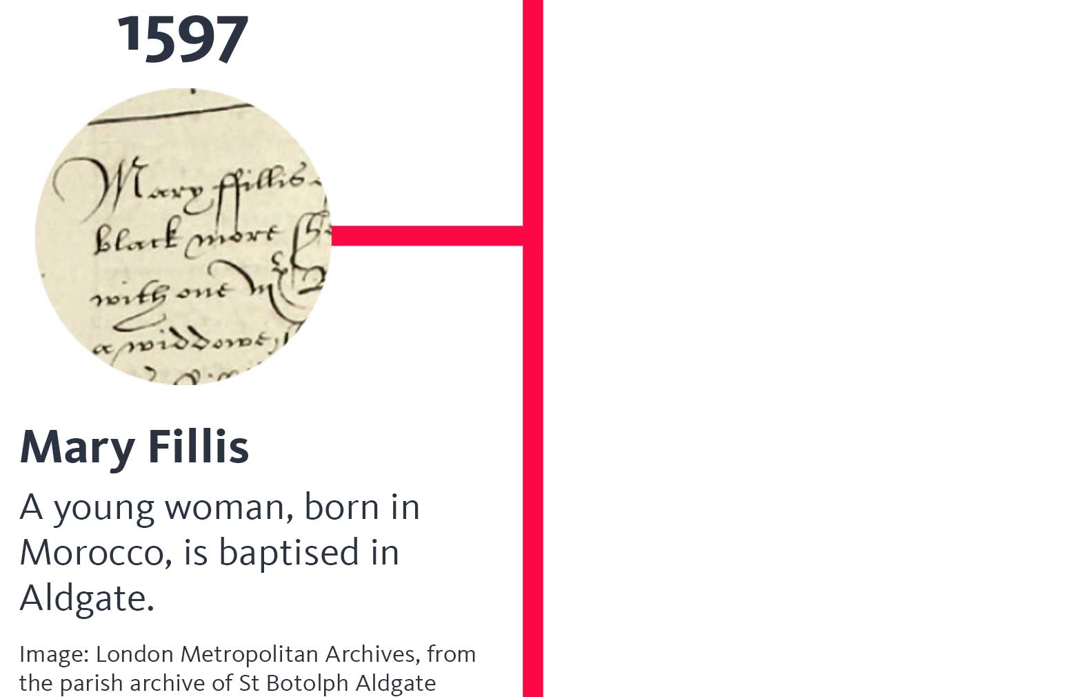The year '1597' appears above an image of a handwritten old document. A heading below says 'Mary Fillis', and text below that says 'A young woman, born in Morocco, is baptised in Aldgate', and 'Image: St Botolph-without-Aldgate'.