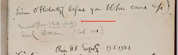 Names of Michael Collins, Daniel Breen and John St. Gogarty signed one after the other on the visitors book of the visitors book of the famous Fitzrovia Restaurant de la Tour Eiffel. (ID no.: 2002.12)