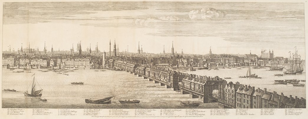 Sheet five of General View of London and Westminster, by Nathaniel and Samuel Buck, 1749, engraving on paper, showing old London Bridge. (ID no.: Z6876)