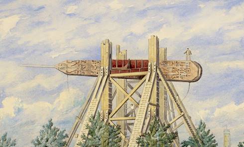 Rehearsal of the erection of Cleopatra's Needle, suspended from scaffolding on the embankment, 1878, watercolour by William Beck. (ID no.: 29.142/1)