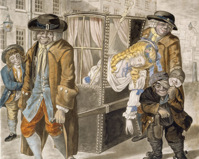 'The return from a masquerade - a morning scene'. A young lady dressed as a shepherdess with staff slumps in a sedan chair. Asleep or drunk, her head and shoulders hang out of the side window. The two porters smile and a dwarf chimney sweep carries a mask.
