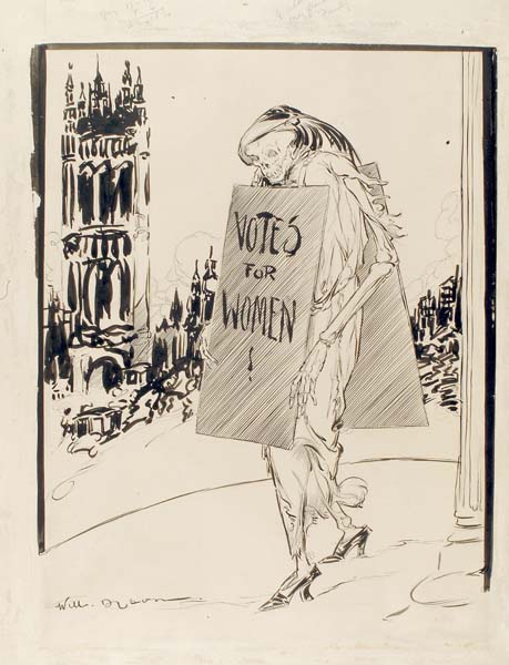 A drawing by William Dyson of a skeleton figure carrying a board reading 'Votes for Women' in front of the Houses of Parliament. The drawing was published on the Daily Herald’s front page following Emily Wilding Davison’s death in 1913.