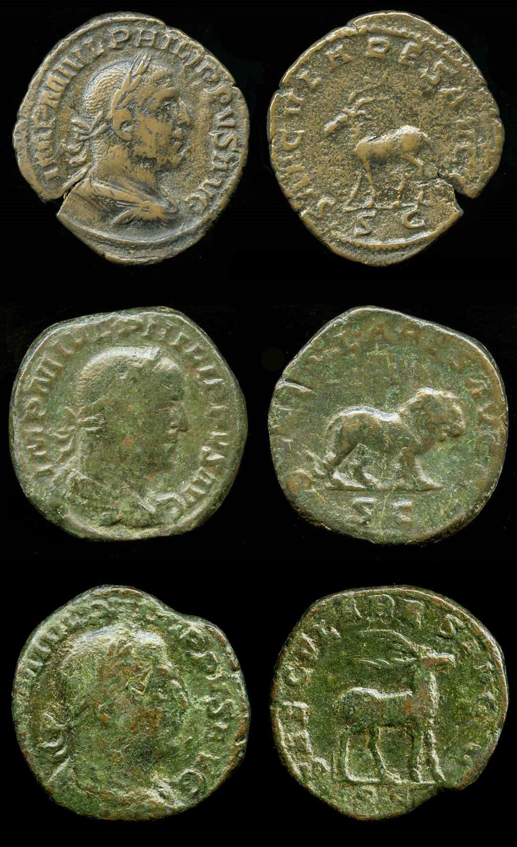 Three AD 248 Roman copper alloy coins — called sestertius — depicting an antelope, lion and stag (top-to-bottom) on one side and Emperor Philip I’s profile on the other. (ID nos.: N624; N639; N623) 