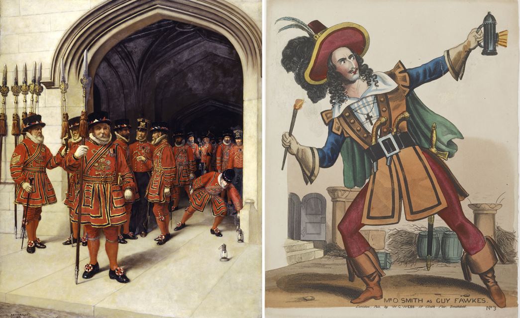 (left) An oil painting by Arthur T.F. Clay showing the enactment of the searching of the crypt by the Yeomen of the Guard, 1894. And a theatrical portrait plate with engraving of the actor O. Smith as Guy Fawkes, 1844-56. (ID nos: 27.147, 99.132/189b)
