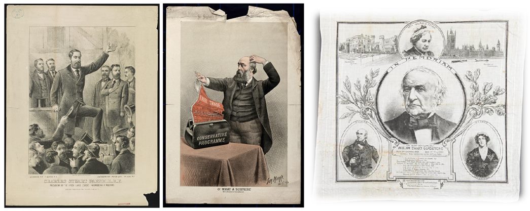 (from left) Charles Stewart Parnell (at a meeting), Lord Salisbury (on a satirical print) and W.E. Gladstone (commemorated in a handkerchief) were all major Irish players in British politics in the 1800s. (Courtesy: Library of Congress; Wellcome Trust; Museum of London)