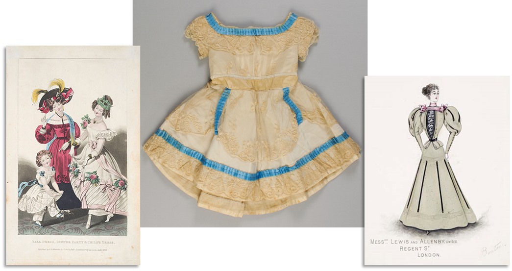This girl’s dress (centre) was made from the sleeve of her mother’s wedding dress, similar to the dress on the right. The fashion plate (left) shows a girl wearing a similar dress. (ID nos: 2002.139/3511; 39.185/1; 95.72/24)