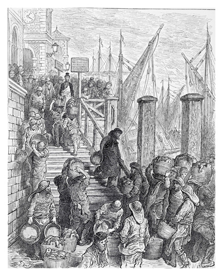 An illustration of Billingsgate market from 'London: a Pilgrimage' by Blanchard Jerrold and Gustave Doré, 1872.