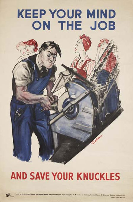 This poster was issued by the Ministry of Labour and National Service and produced by the Royal Society for the Prevention of Accidents. It has an illustration by Grace Golden and promotes safe work practices in the factory. 

