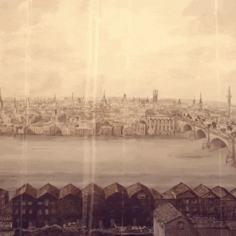 An animated GIF showing a ship sailing down the Thames in two historic periods.
