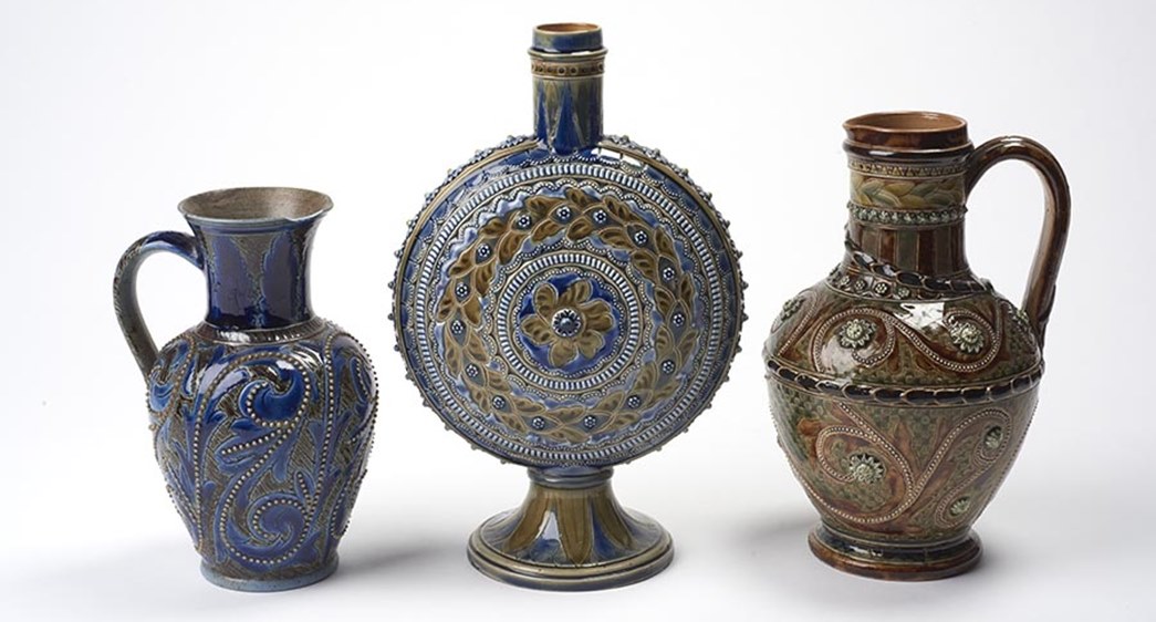 Decorative stoneware vessels, by Arthur Barlow for Doulton & Co., 1874-75. (ID Nos.: A10243, A10244, A10246)
