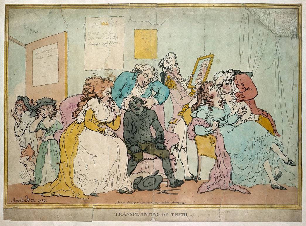 A fashionable dentist's practice. Teeth are being extracted from poor children in order to create dentures for wealthy people. Coloured etching after T. Rowlandson, 1787. Rowlandson, Thomas, 1756-1827. (Courtesy: Wellcom Collection/Public domain)