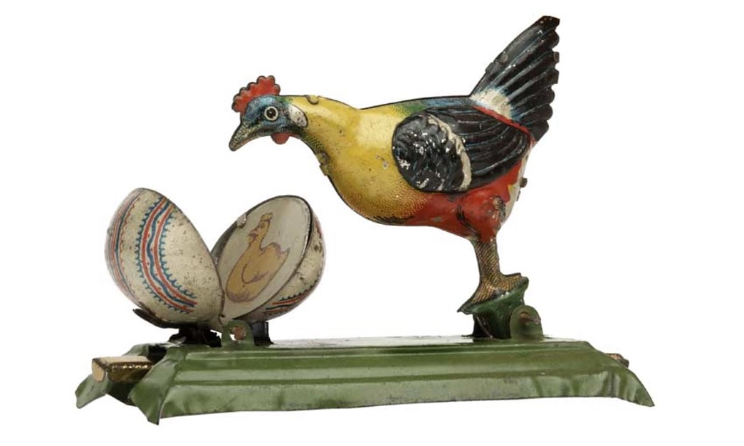 This mechanical spring-action tinplate toy hen and egg is part of the museum’s large collection of penny toys. (ID no.: 80.525/949)