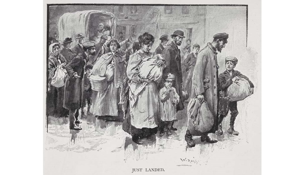Jews coming in to London, 1902-1903
An illustration from ‘Sweated London’ by George Sims, an essay on the experiences of immigrant Jews when they land in London. (ID no.: LIB5332/MH2)
