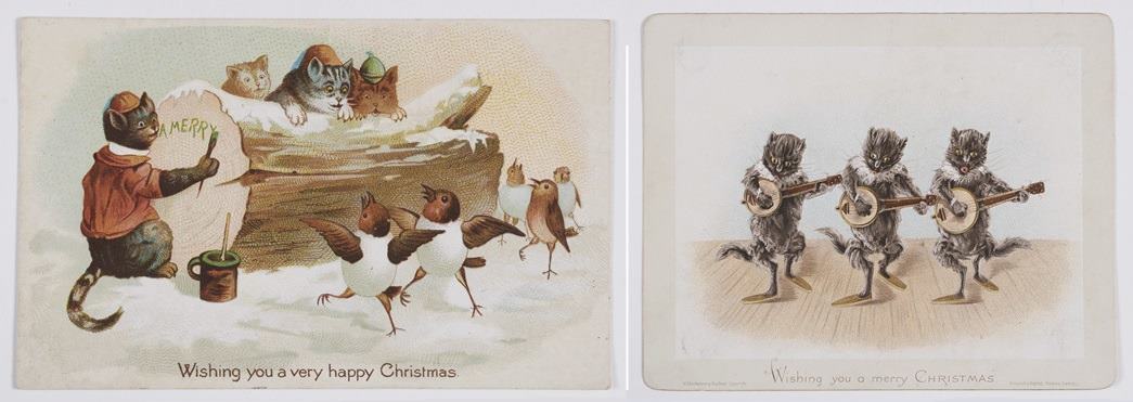 (left) Adversaries such as cats and birds, or owls and mice of came together on Christmas cards (ID no.: 74.370/1xxxvii). (right) A card with musical cats produced by Hildesheimer and Faulkner. (ID no.: 38.354/378)