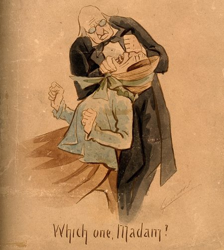 Dentist examining a female patient's mouth. Watercolour by M. Anderson. (Courtesy: Wellcom Collection/Public domain)