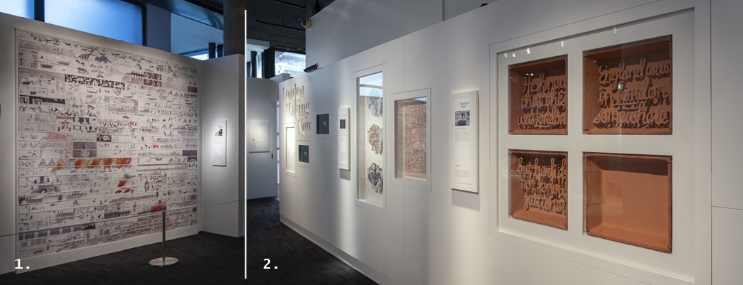 1. Laura Carlin’s ‘History of London’ (2016) and 2. Matthew Raw’s ‘Panel Discussion’ (2016) as part of the museum’s London Making Now display. (ID nos.: 2020.68 and 2019.27)