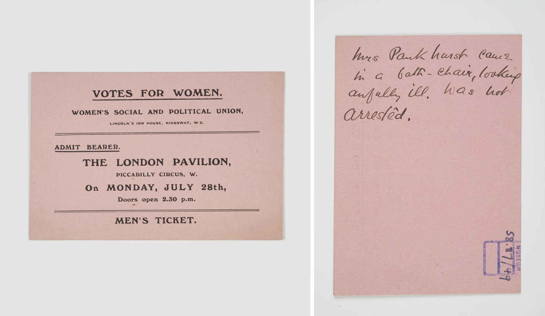 A men’s ticket for a Suffragettes meeting, with a very interesting note on the back. (ID no.: 58.87/49)