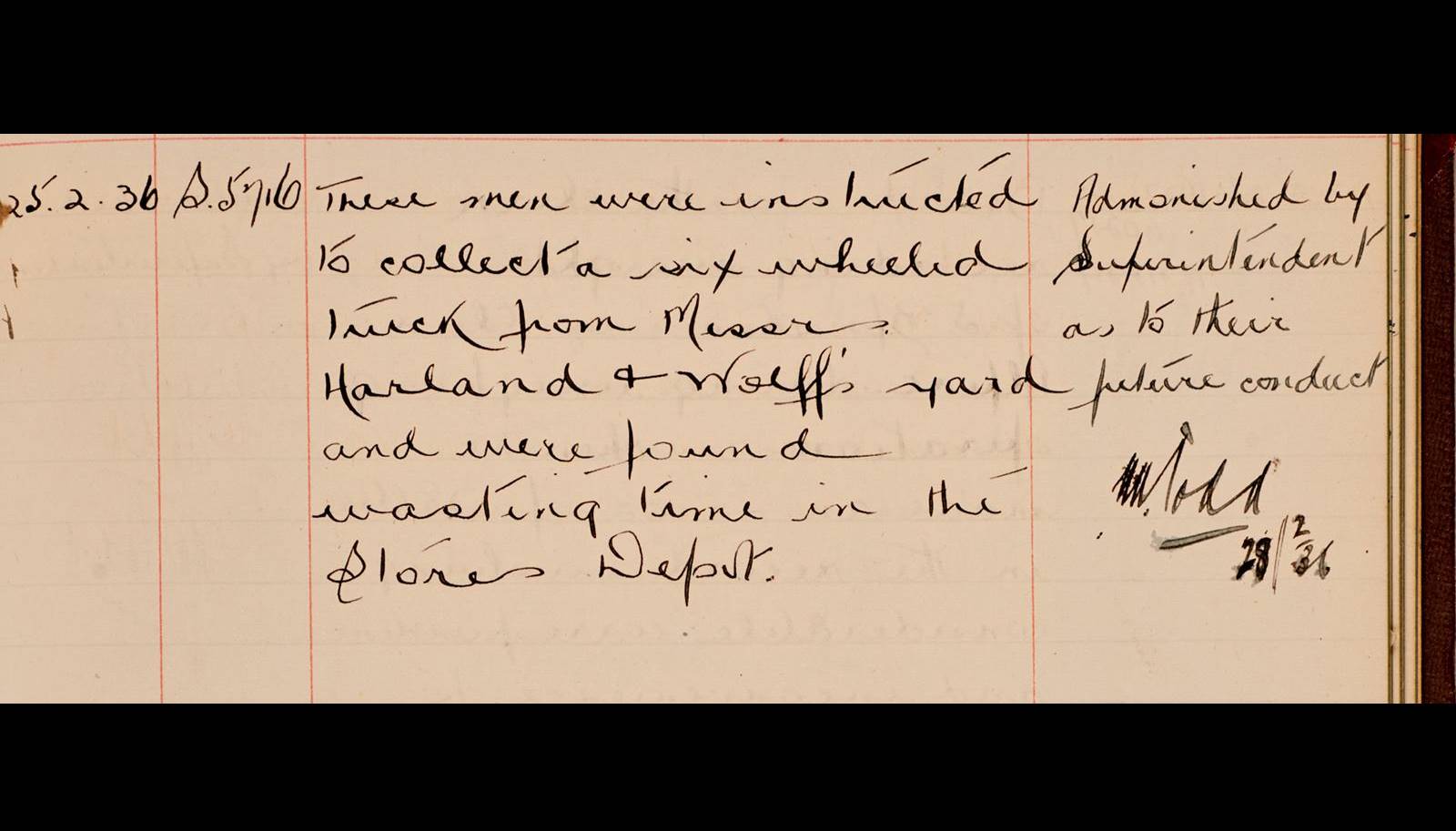 In this July 1903 entry, the person assaulted a hydraulic man and visited the Gallions Hotel during duty hours. He was cautioned, fined and warned. (ID no.: PLA/LIDJC/4/2/1/2)