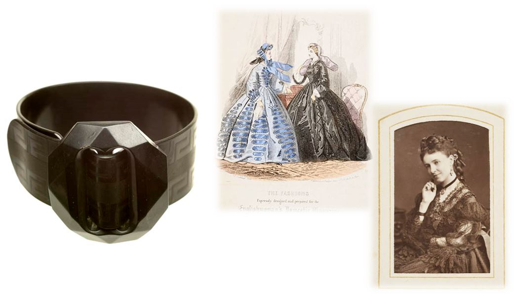 A 19th century rubber bracelet that’s meant to look like the fashionable jet, which would have been worn by ladies in mourning, such as those in the fashion plate and photo on the left. (ID nos.: 56.60/2; Z284; IN28818)