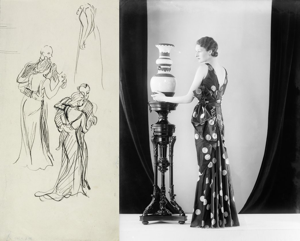 The fashion for revealing much of the wearer’s back is also visible in Grace Golden’s late 1930s sketch of couples dancing at a Red Cross Ball at Grosvenor House, and an advertising photo from the Bassano studio for Fenwicks from 1931. (ID nos: 79.427/169 ©Estate of Grace Golden; IN11840)