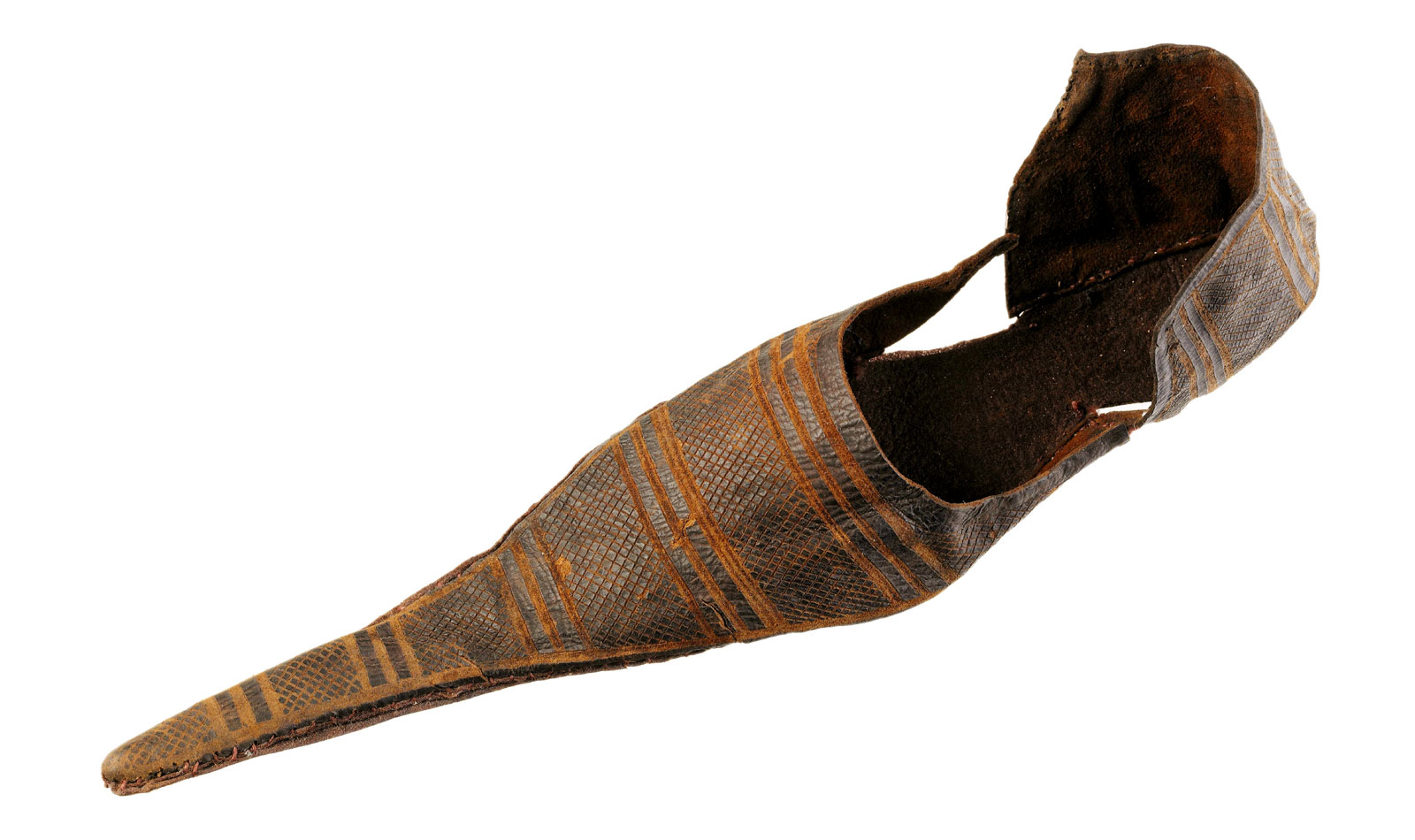 A medieval pointed shoe, known as a poulaine.