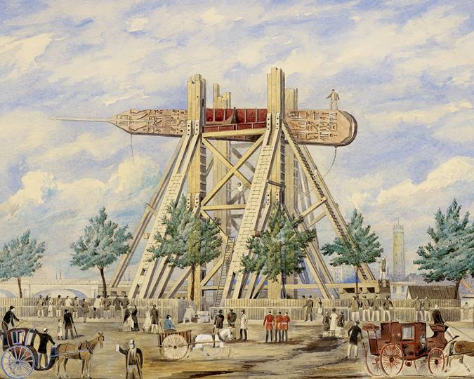 Rehearsal of the erection of Cleopatra's Needle, suspended from scaffolding on the embankment, 1878, watercolour by William Beck. (ID no.: 29.142/1)
