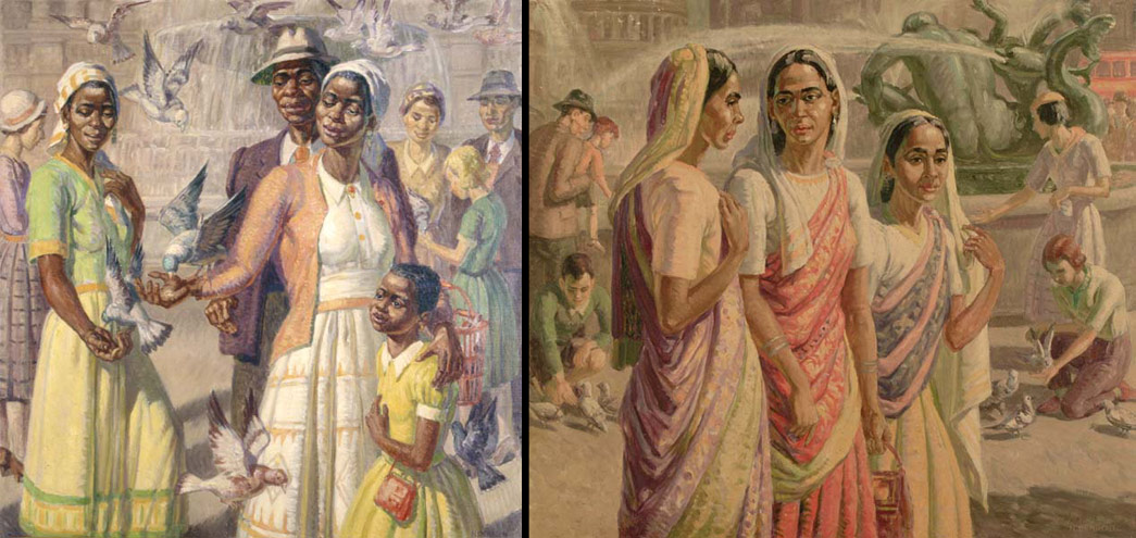 Two paintings of Trafalgar Square, one showing an Afro-Caribbean family, the other a group of women wearing saris, by Harold Dearden.