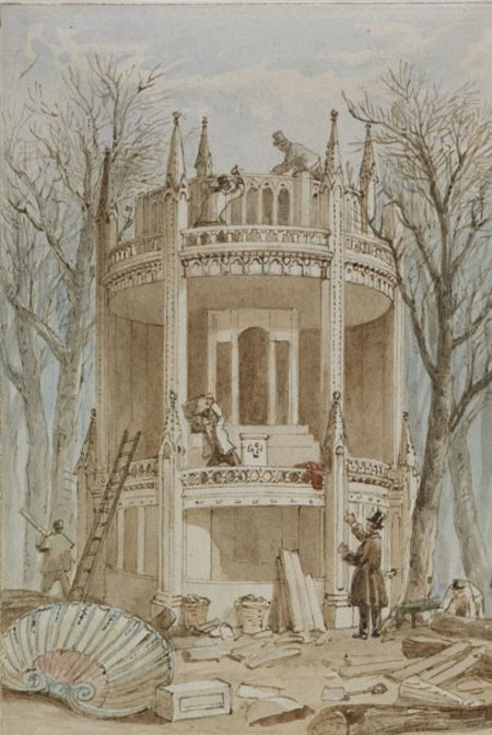 This watercolour shows orchestra tower at Vauxhall Gardens being demolished. In 1859 the gardens closed for the last time with seven 'farewell' concerts. All remaining furniture was sold and the gardens were built on.

