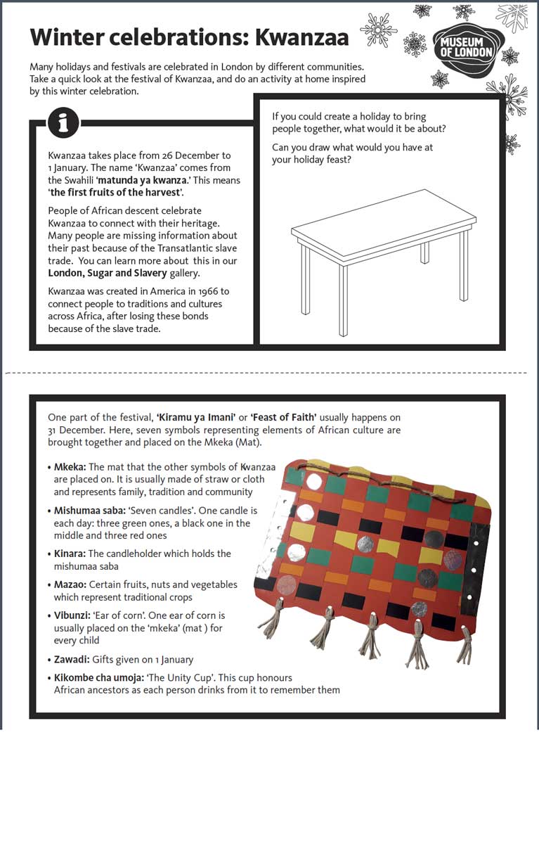 The first page of our festive resource, showing text and images about Kwanzaa.