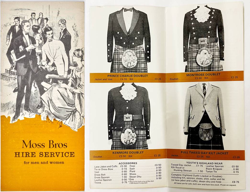 Moss Bros catalogues
(left) The Moss Bros leaflet advertising clothes for hire (©Moss Bros), and the company’s Highland Dress Hire Service, 1972. (ID no.: Z8732)
