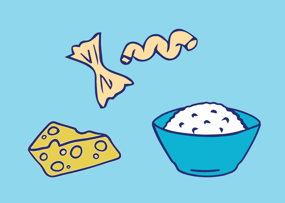 Illustrations of pasta, a wedge of cheese and a bowl of rice.