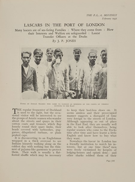 A rare article on lascars published in the PLA Monthly in February 1931. (ID no.: PLA/PLA/PM/1/5/1/64)