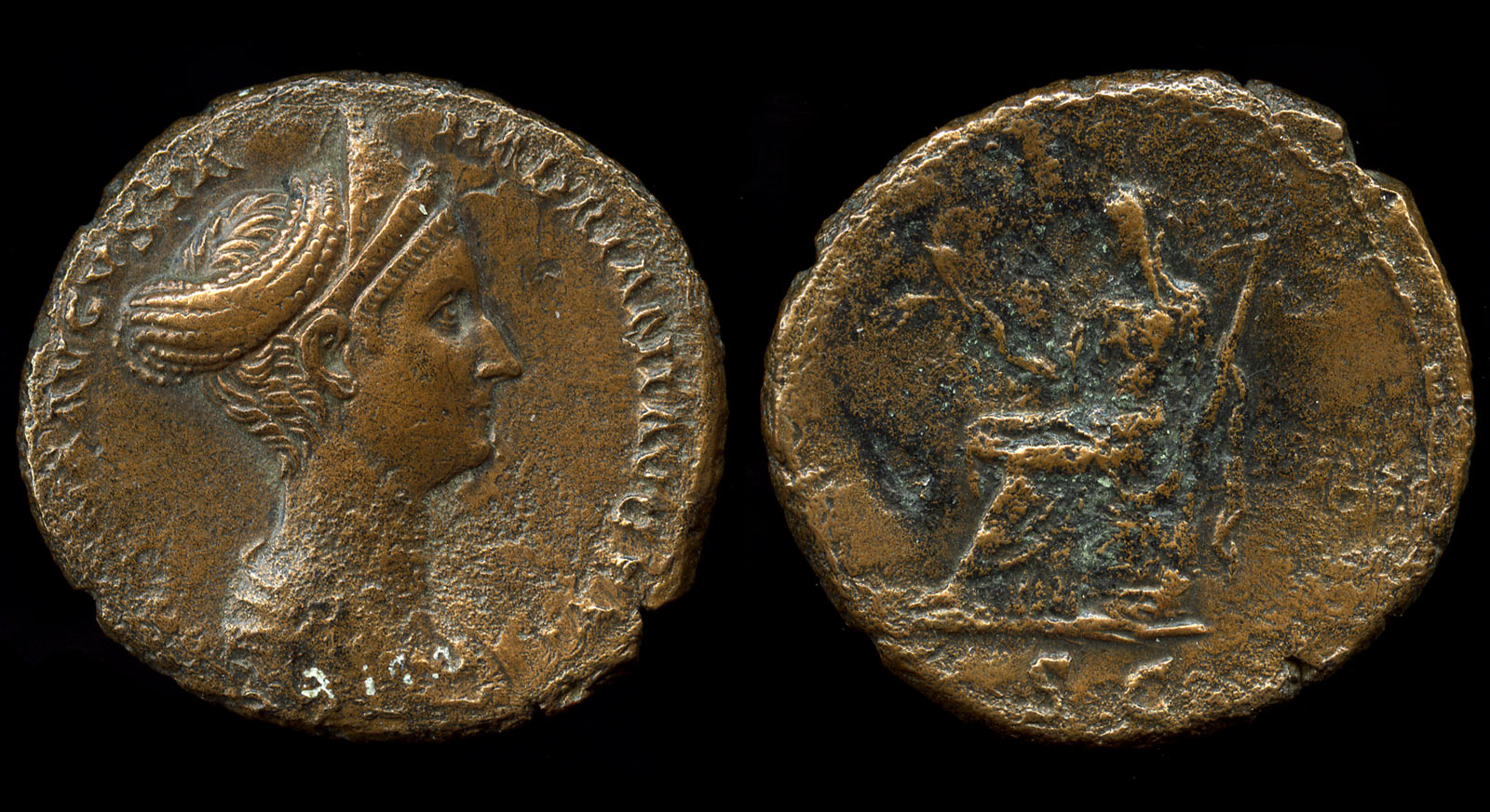 Copper alloy coin of Sabina. From around the time of the fateful tour of Egypt in 130 CE. The seated figure is Ceres, goddess of agriculture and fertility’