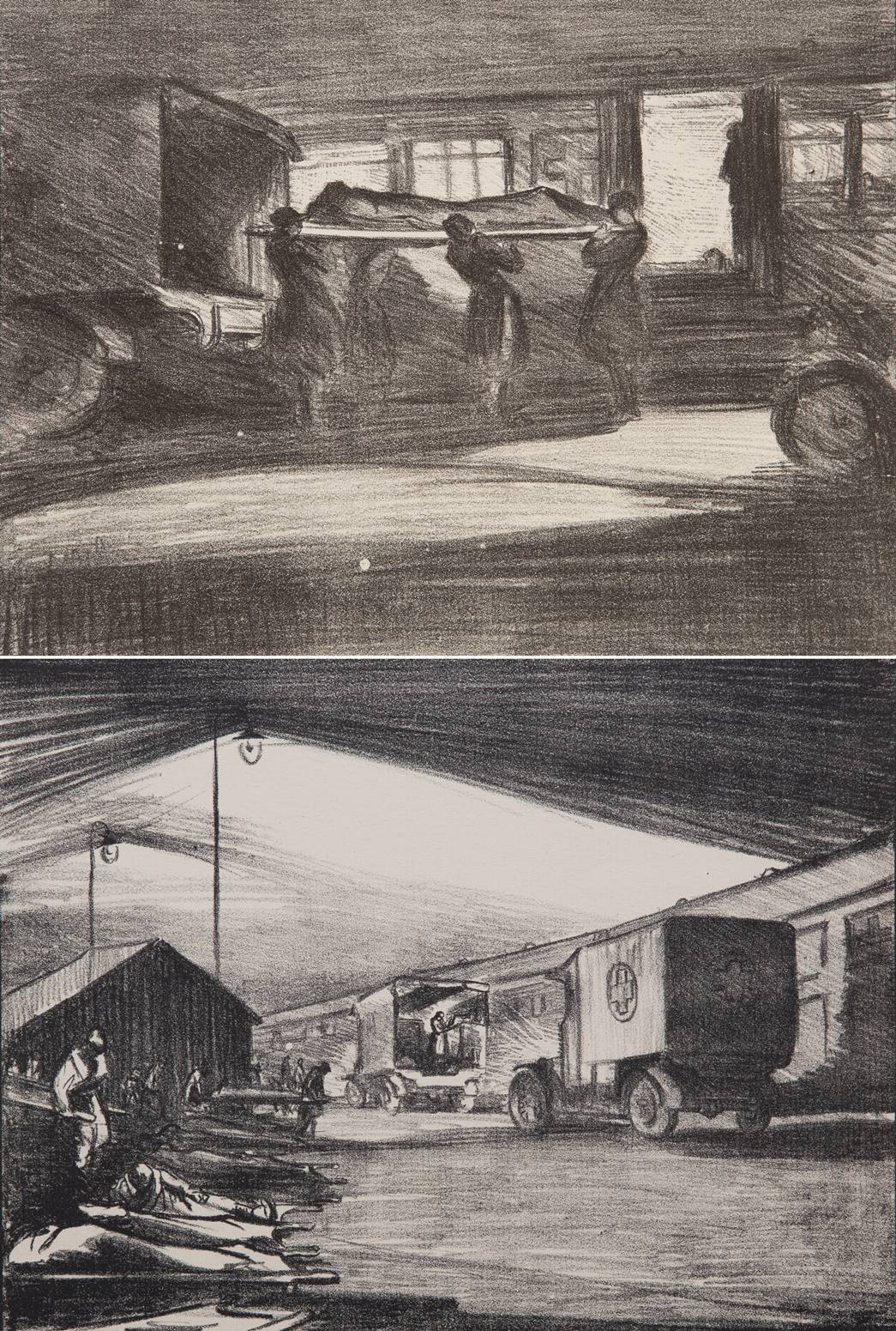 VAD convoy unloading an ambulance train at night

Olive Mudie-Cooke. Lithograph, 1920-21. (Courtesy: British Red Cross Museum) 
