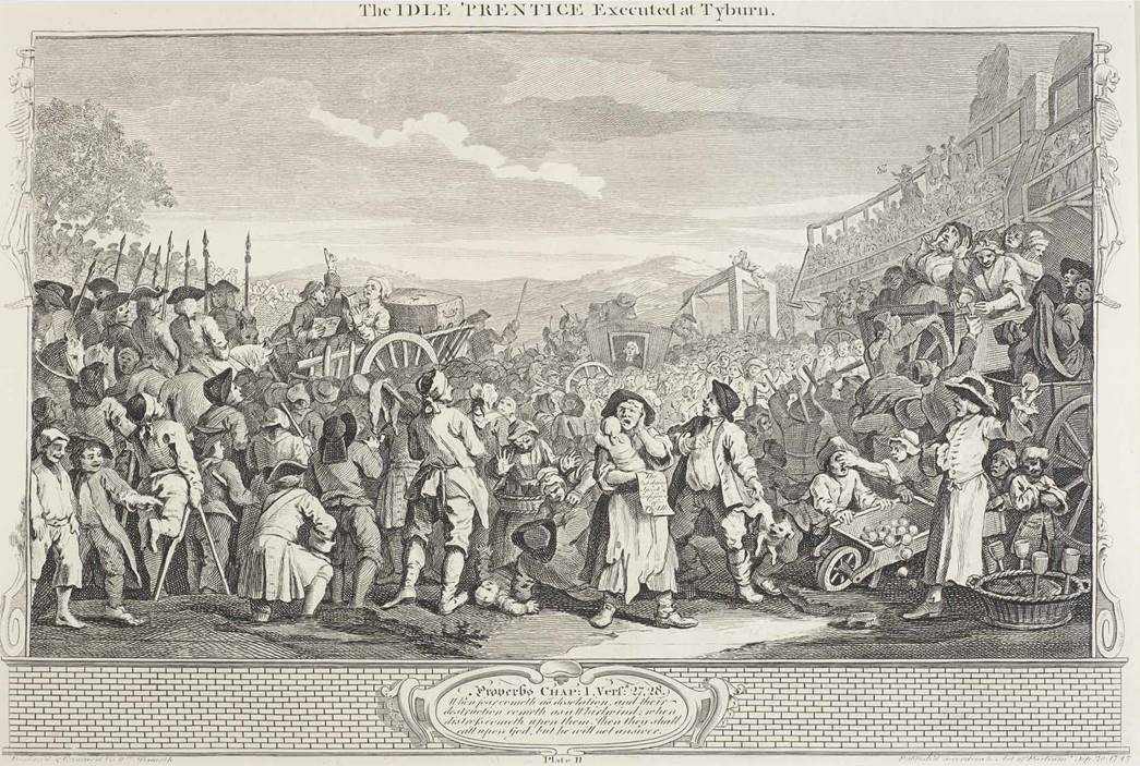 The Idle ’Prentice Executed at Tyburn by William Hogarth, 1747. This engraving shows a huge crowd having gathered at the famous triangular gallows known as the triple tree at Tyburn for a public execution. People from all walks of life have gathered for this spectacle. 