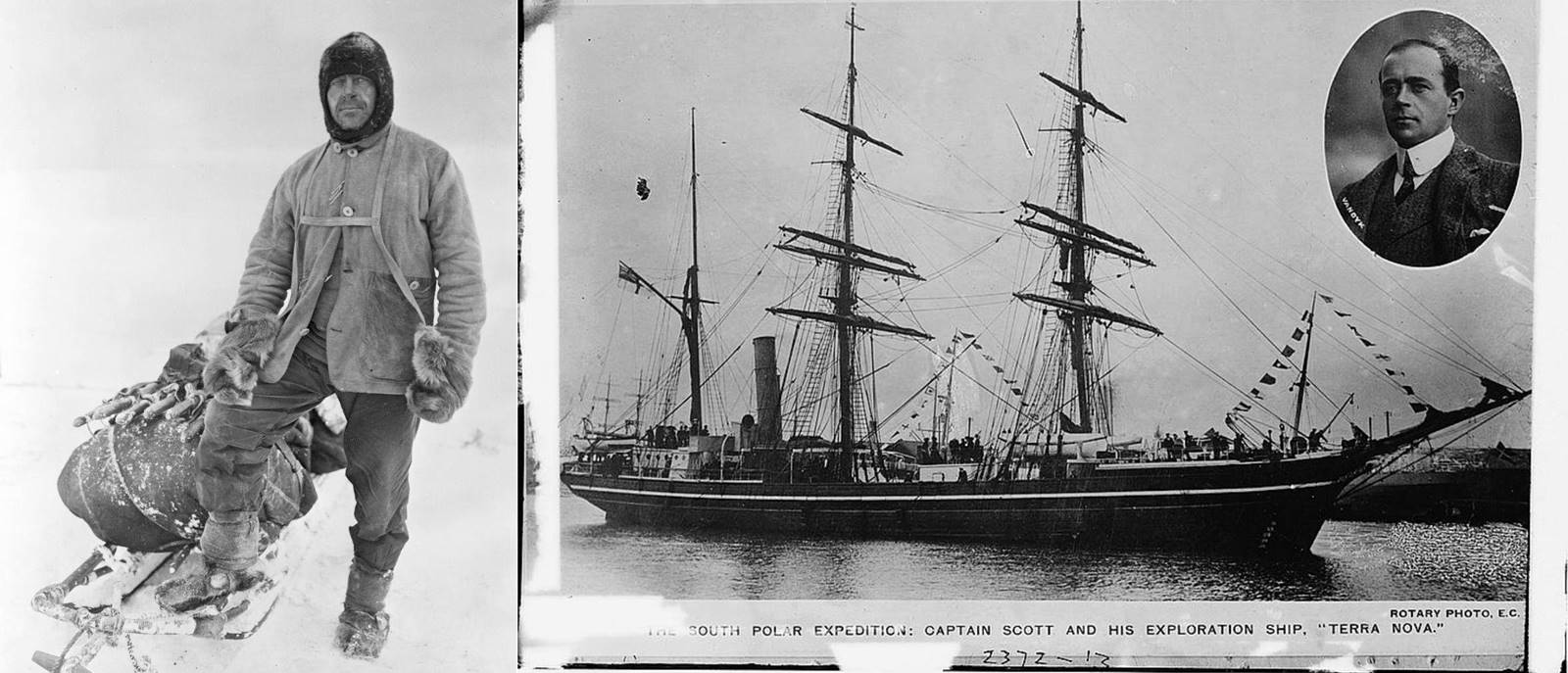 (left) Captain Scott photographed in his polar gear in 1911 before the South Pole expedition (Courtesy: Wikimedia Commons); and SS Terra Nova with an inset photo of Scott, c.1910–15 (Courtesy: Library of Congress, Prints & Photographs Division, [LC-DIG-ggbain-10191]) 