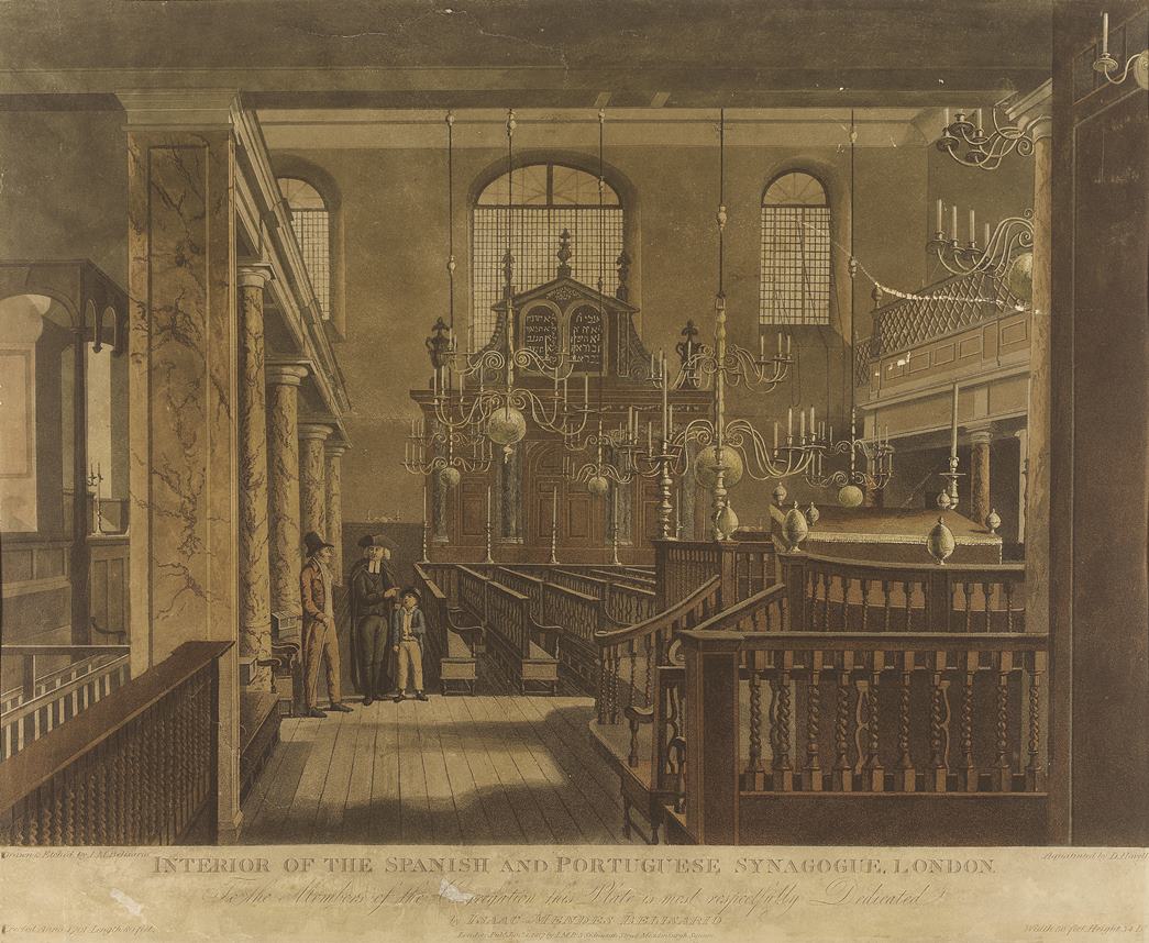 The Bevis Marks synagogue in London; interior by Isaac Mendes Belisario, 1817. (C 1988.54, courtesy Jewish Museum London)