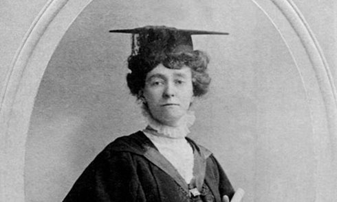 Emily Wilding Davison, c. 1908

Emily is depicted in the portrait wearing her graduation robes, having studied at both Holloway (now Royal Holloway) college and St Hugh's Hall, Oxford.