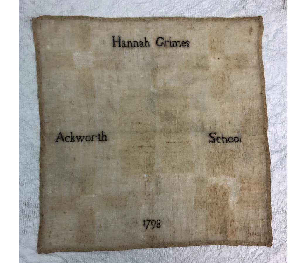 This small and unassuming object is a sampler, embroidered and darned by Hannah Grimes when she was a student at Ackworth School in Yorkshire; a Quaker boarding school for children whose parents were not wealthy. 