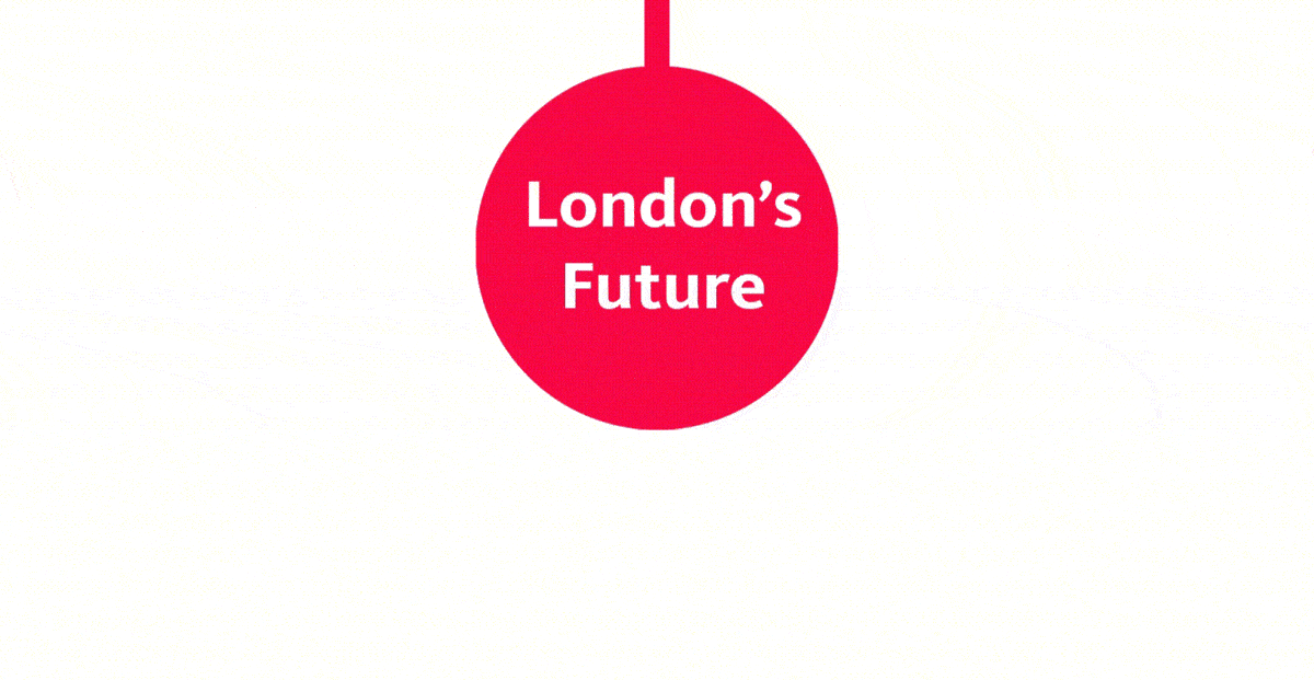 An animated GIF shows arrows fanning out in different directions at the bottom of the timeline below the heading 'London's Future'.